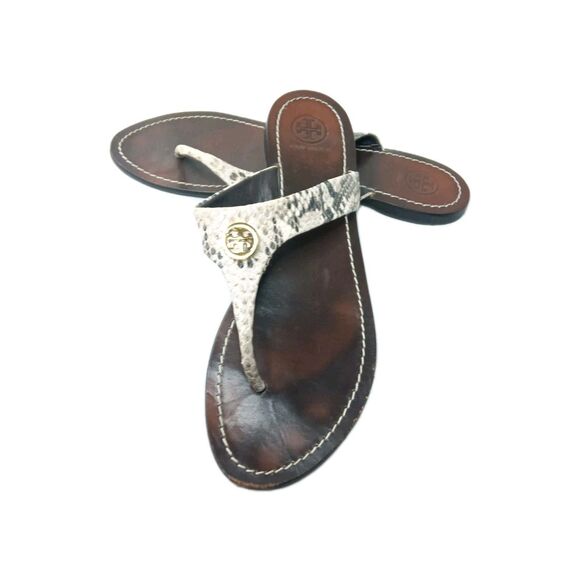 Tory Burch Cameron Leather Thong Sandals Women's Size 9 M Python Print Brown - Picture 4 of 8